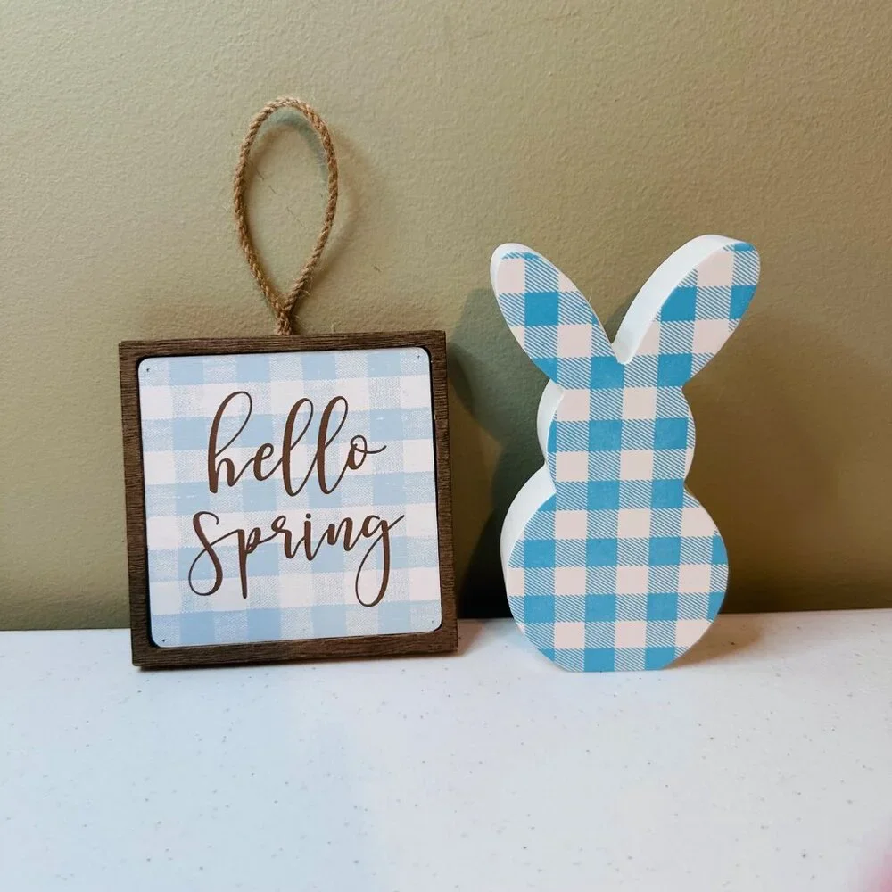 Small HELLO SPRING wood sign AND Easter Bunny Buffalo plaid spring tiered tray